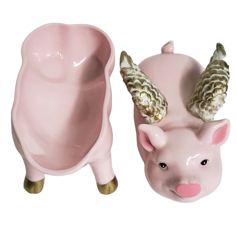 Department Dept 56 When Pigs Fly Flying Pink Pig Ceramic Trinket Box Vintage